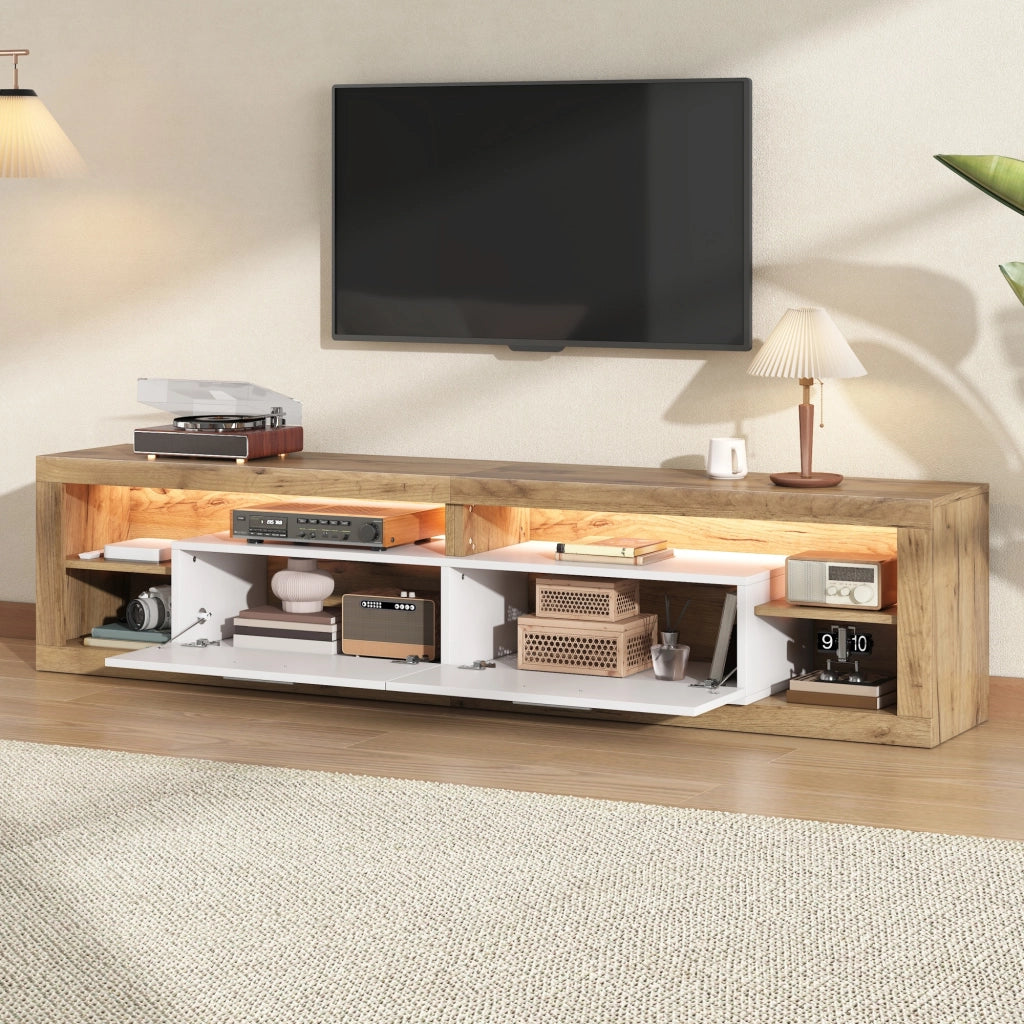 TV-Schrank 180x35,5x50 cm con LED controllati da app, 2 cassetti, 4 vani aperti, portata 30 kg, colore naturale e bianco