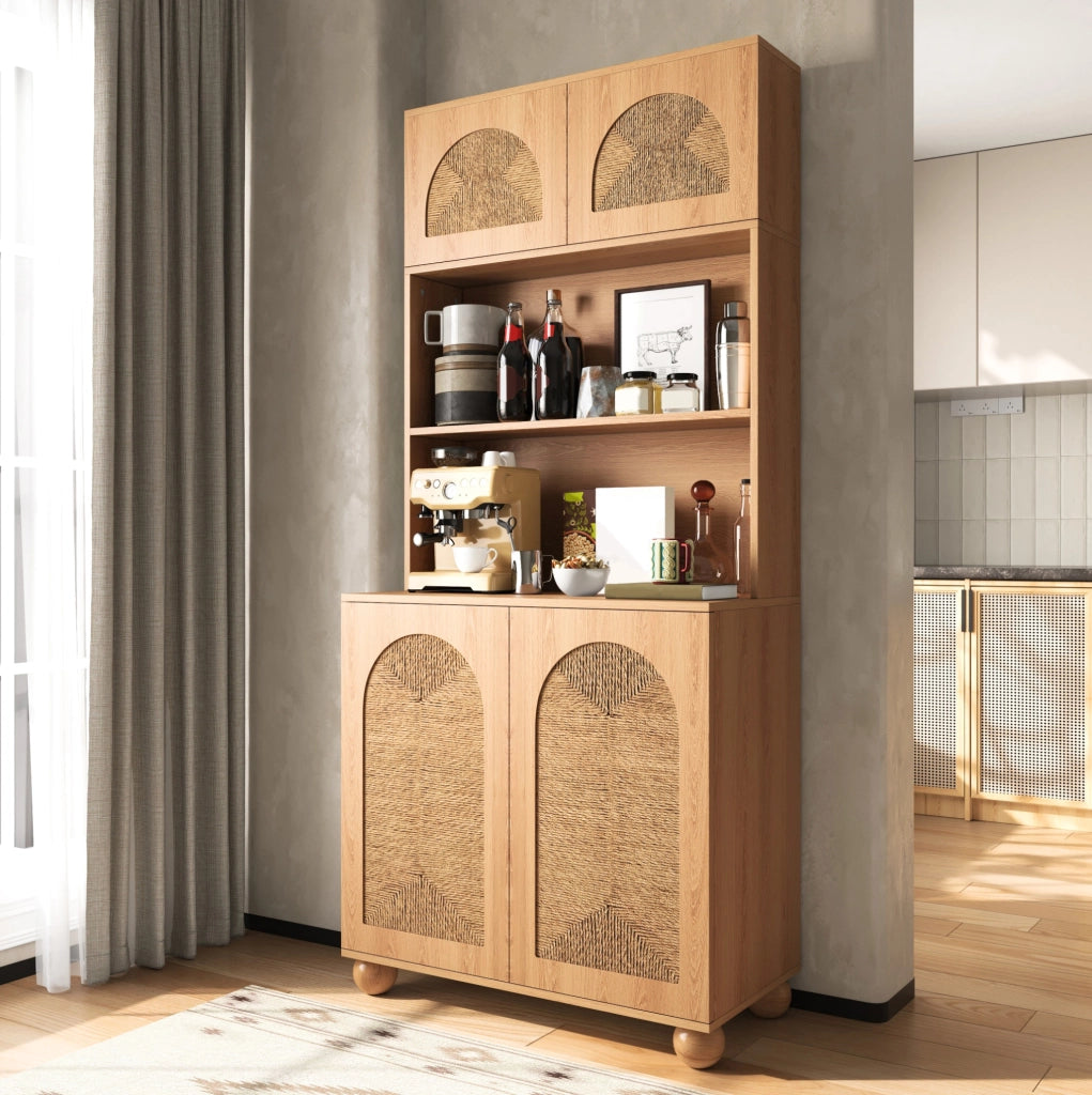 Credenza alta con vani aperti e porte intrecciate; 80x40x180 cm; MDF e truciolare; naturale