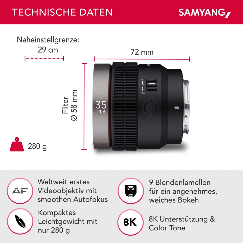 Obiettivo video V-AF 35 mm T1,9 FE compatibile con Sony E, per videocamera, con autofocus risoluzione 8K e Tally lamp, alta intensità luminosa per full-frame e APS-C