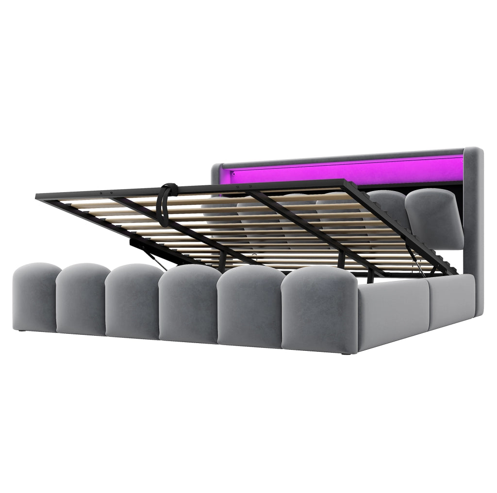 Letto matrimoniale imbottito 180x200 cm in velluto grigio con LED; USB; Type-C e contenitore