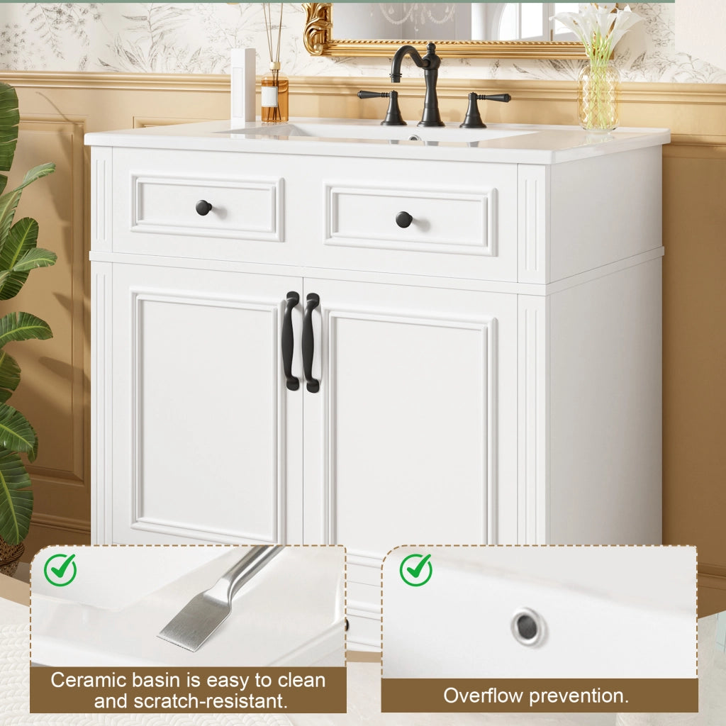 Mobile sottolavabo con lavabo in ceramica, 2 ante e 9 vani, per bagno, in MDF, bianco, 77 × 46 × 86 cm
