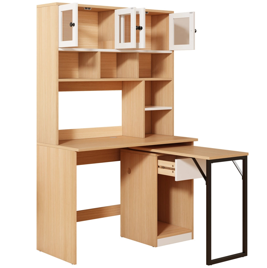 Scrivania con libreria e vano contenitore girevole 110x55x180 cm in MDF naturale e bianco
