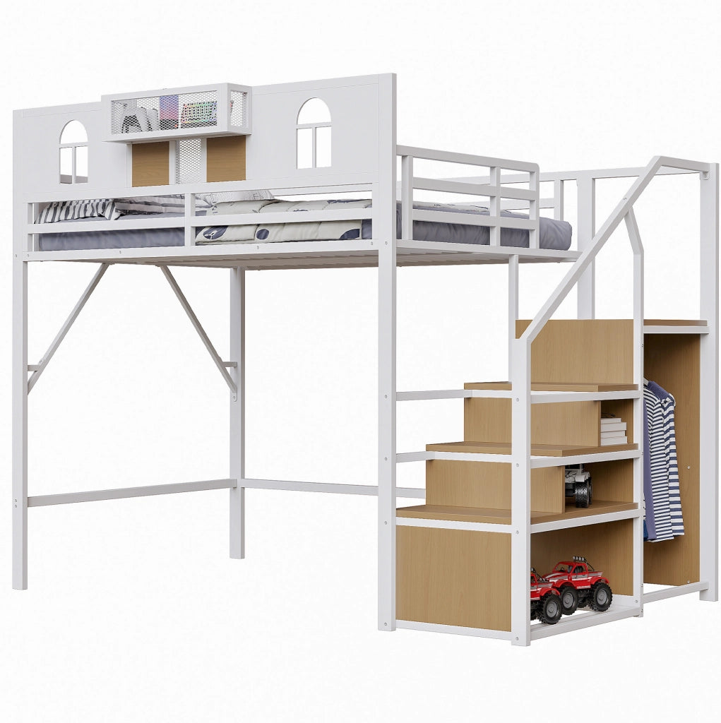 Letto a soppalco in metallo con scala contenitore; 140x200 cm; bianco; con ripiani
