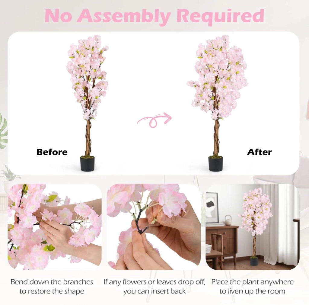 Set di 2 Piante Artificiali di Sakura, Pianta Artificiale 150 cm in Vaso, Falso Albero di Ciliegio con Fiori Rosa, Albero Artificiale Decorativo per la Casa