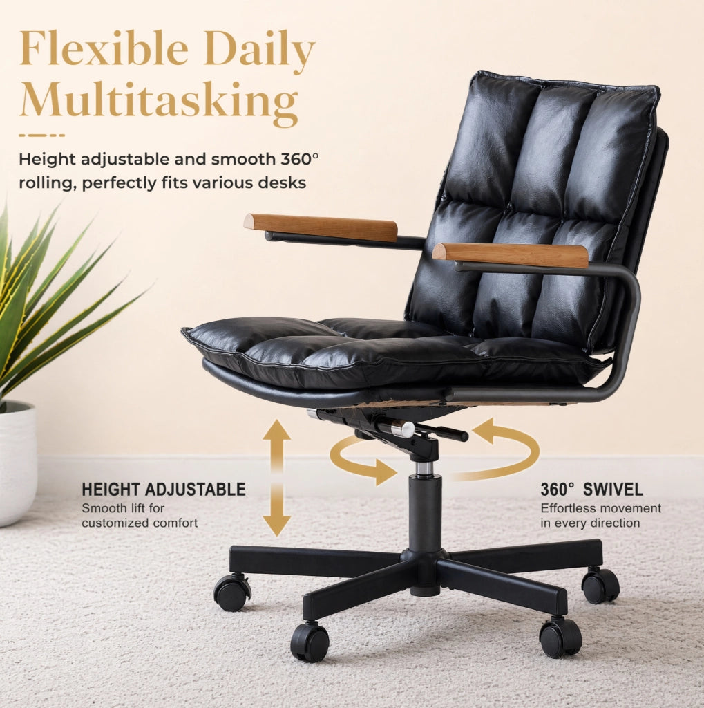 Sedia da ufficio in pelle con ruote a 360°; braccioli in legno; base a 5 razze; nera