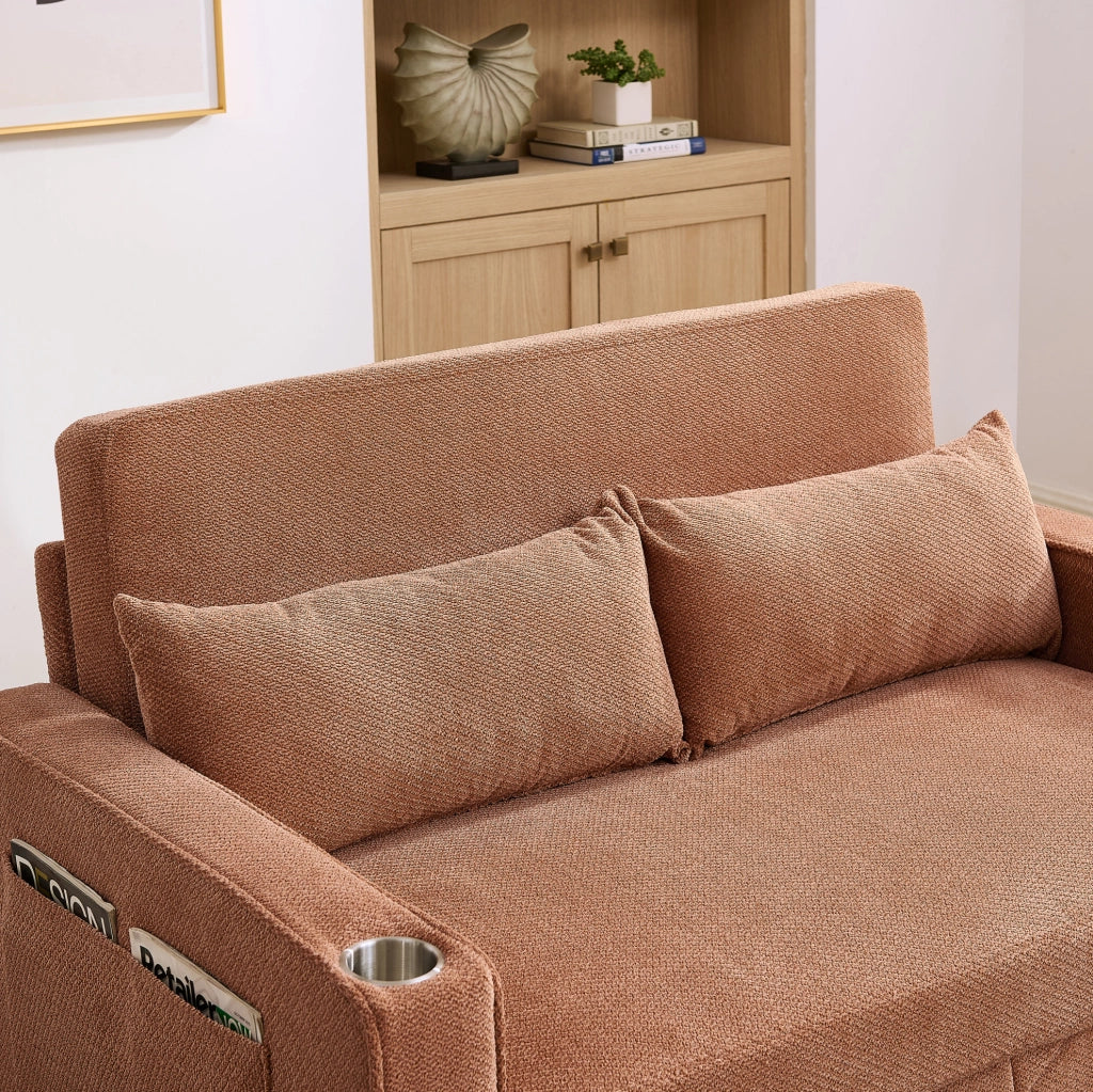 Divano letto 2 posti 195x134x73 cm in legno e tessuto arancione con USB