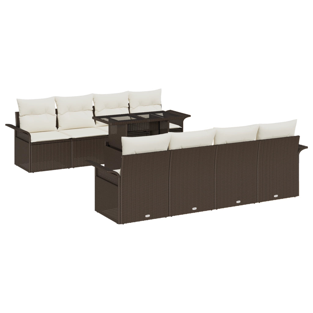 Set Divano da Giardino 9 Pezzi con Cuscini Marrone Rattan Sintetico