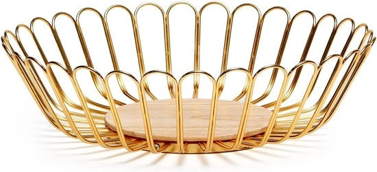 Scatola per Frutta in Legno, 30x9cm Grande Insalatiera con Piede in Legno, Materiale Metallico, Stile Moderno