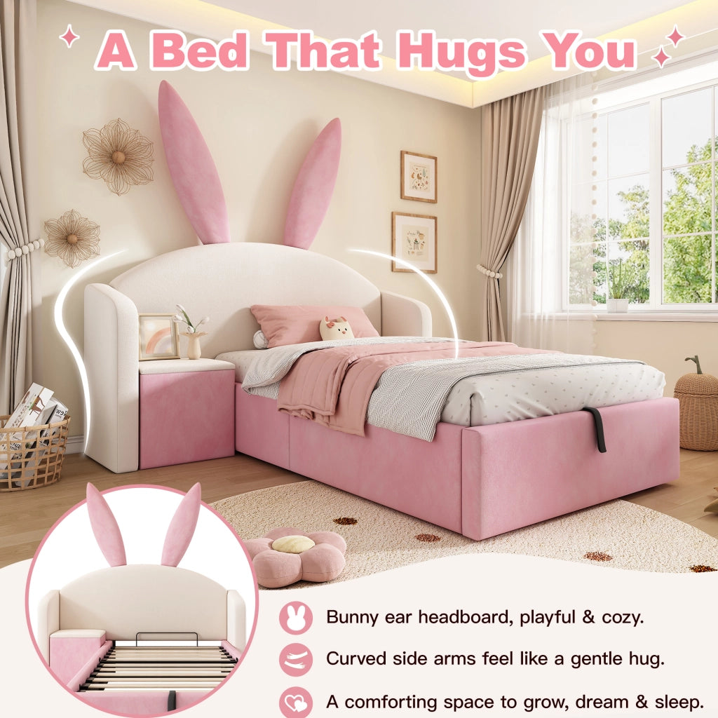 Letto imbottito 90x200 cm per bambini con contenitore idraulico; comodino e orecchie da coniglio; velluto beige e rosa