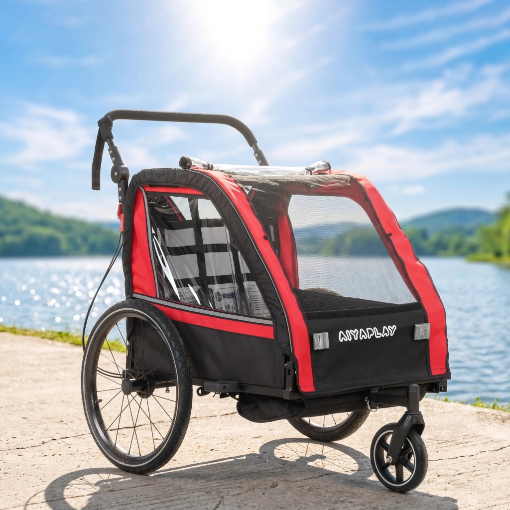 Rimorchio bici per bambini 2 in 1 ¨C Xylo ¨C passeggino 2 posti con freno a mano, rosso