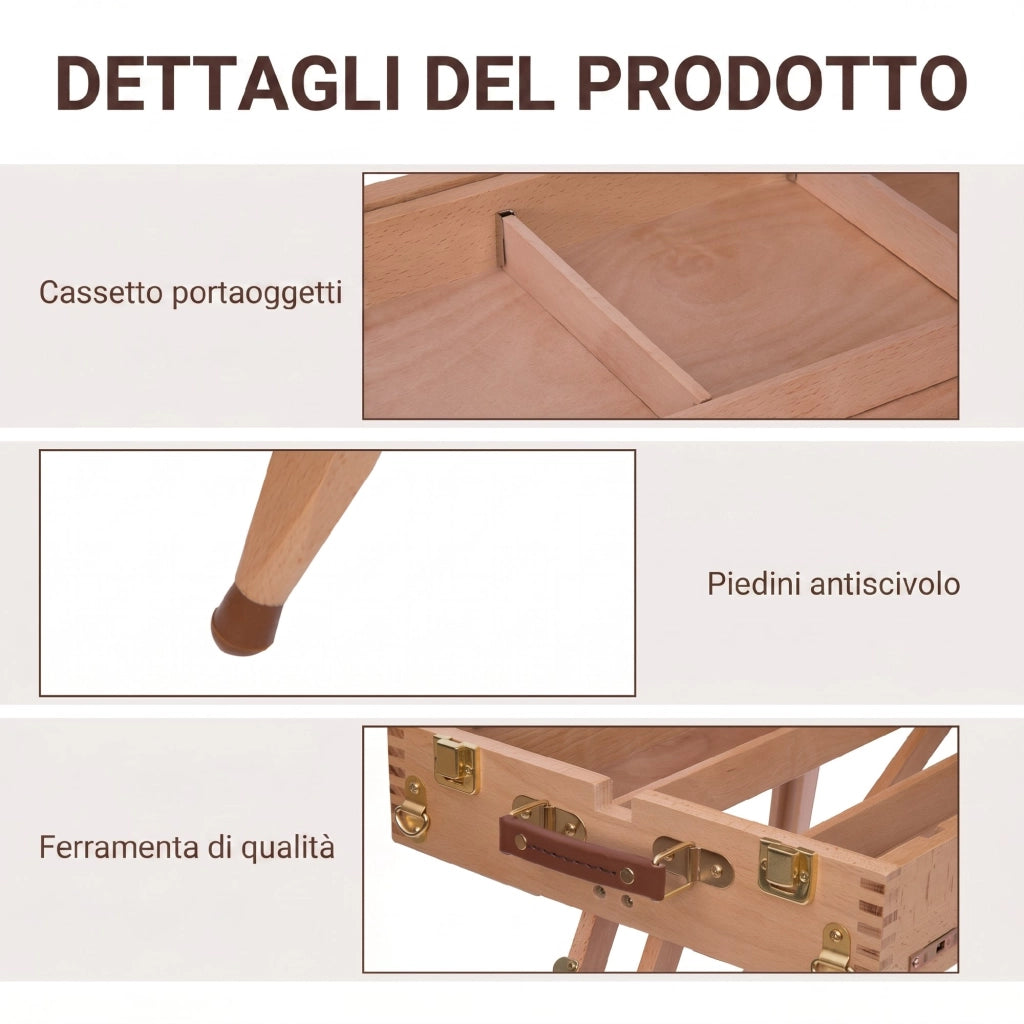 Cavalletto Treppiede con Cassetto Tavolozza e Tracolla ad Altezza Regolabile in Legno di Faggio Naturale