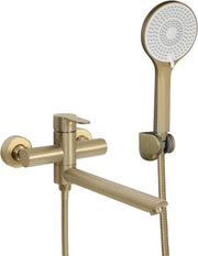 Cranio da bagno con doccia a mano in acciaio inossidabile, rubinetto a singolo manico da parete per doccia con uscita 90° giratoria, set di spazzole in gomma dorata.