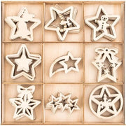 Decorazione di tavolo di legno | Motivi stelle | Natale | Decorazione invernale | Decorazione di tavolo | Inclusa scatola di legno | 9 diversi disegni, 7 pezzi ciascuno | 63 pezzi.