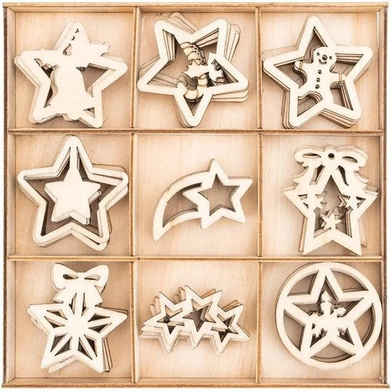 Decorazione di tavolo di legno | Motivi stelle | Natale | Decorazione invernale | Decorazione di tavolo | Inclusa scatola di legno | 9 diversi disegni, 7 pezzi ciascuno | 63 pezzi.