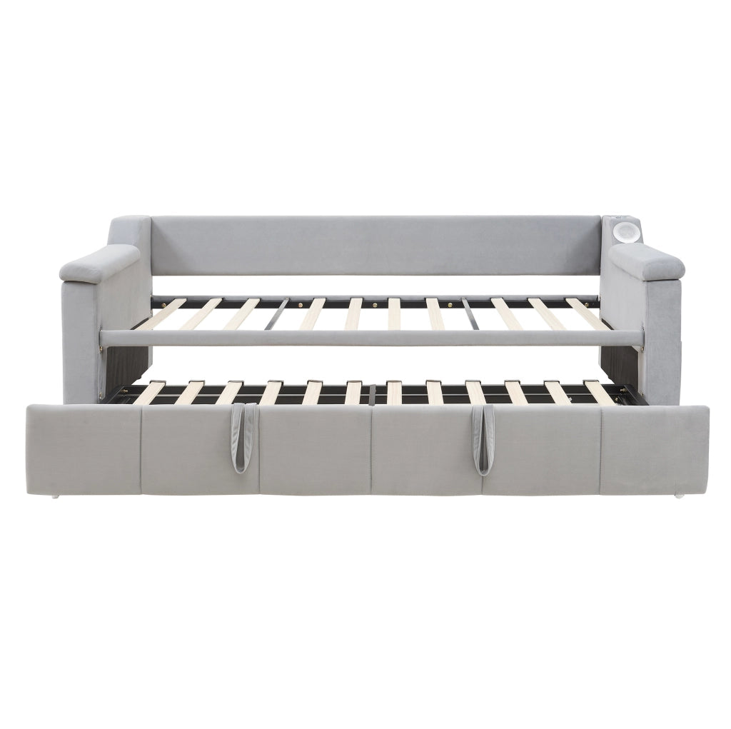 Divano letto 90x190/180x190 cm con Bluetooth, USB e vani in velluto grigio