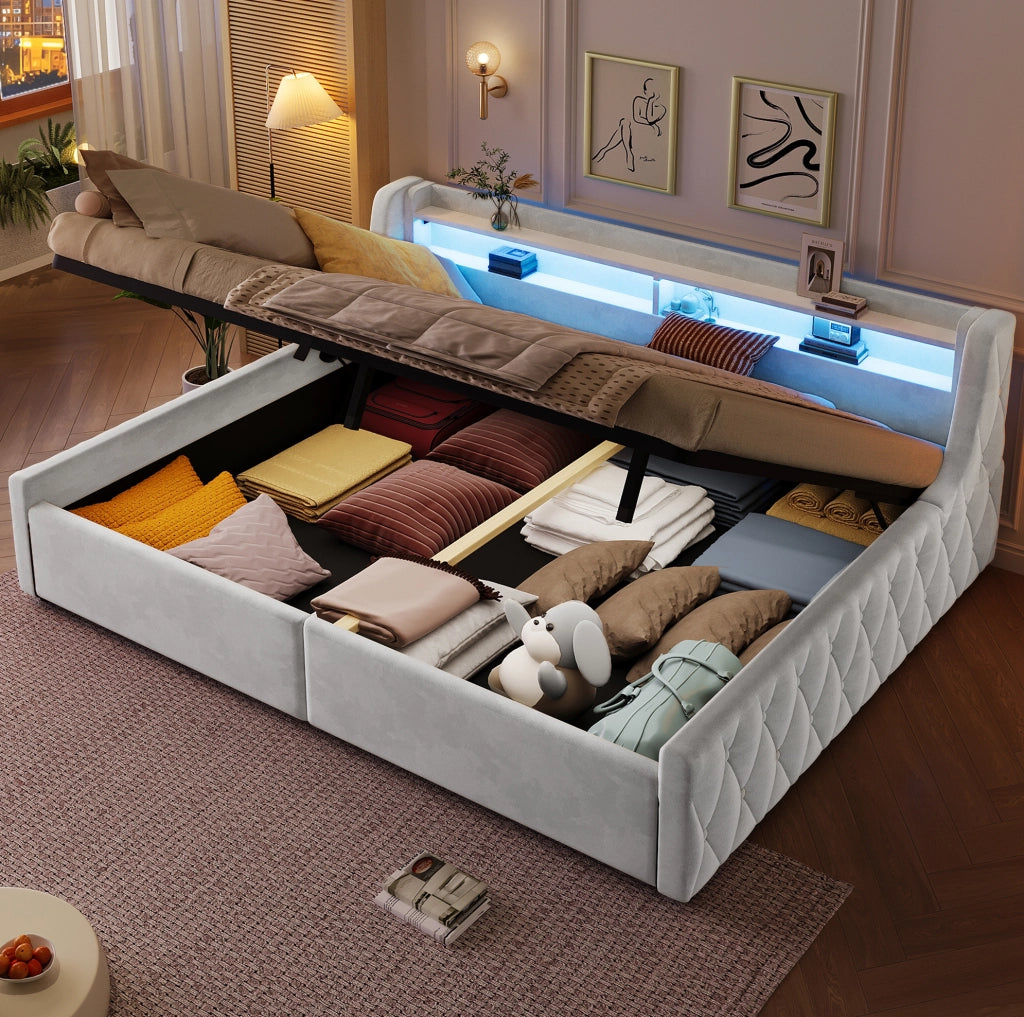 Letto imbottito 140x200 cm in flanella beige; con contenitore e testiera LED
