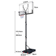 Canestro da pallacanestro regolabile in altezza 174-305 cm con tabellone resistente per ogni età