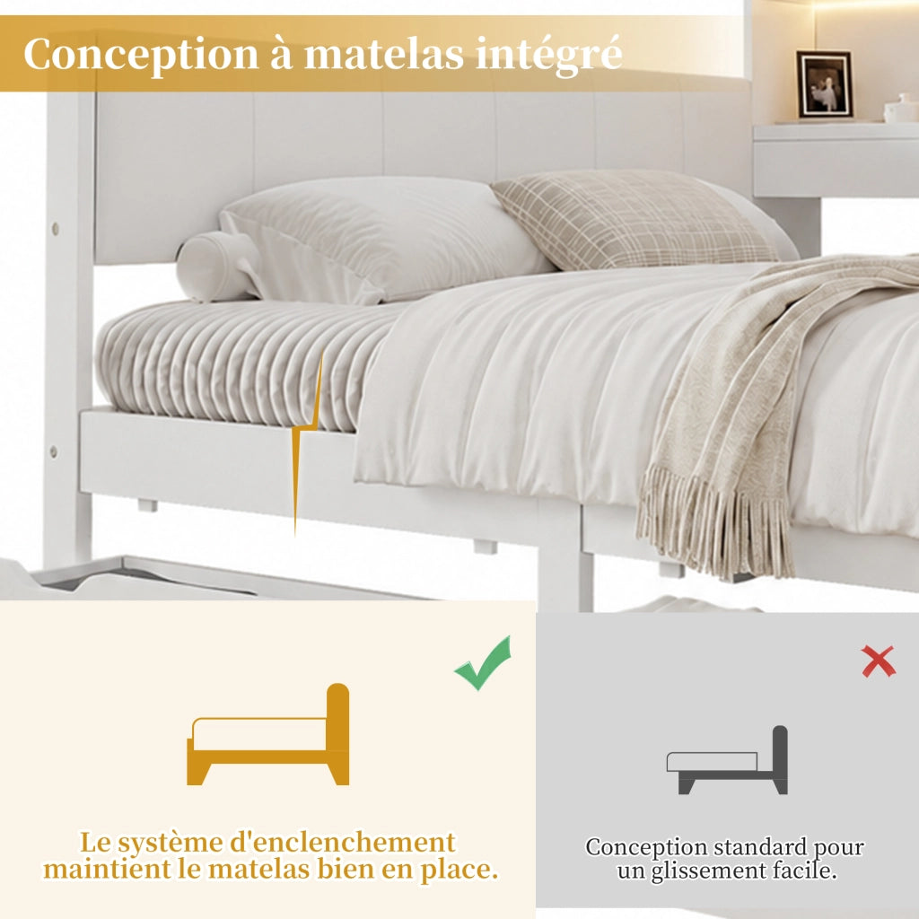 Letto a divano a L 140x200 cm con vani portaoggetti, 2 cassetti, ripiani, LED, presa USB e testiera imbottita in PU, legno bianco