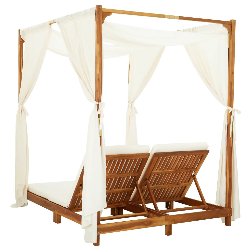 Lettino Prendisole Doppio con Tende e Cuscini in Legno Acacia cod mxl 41584