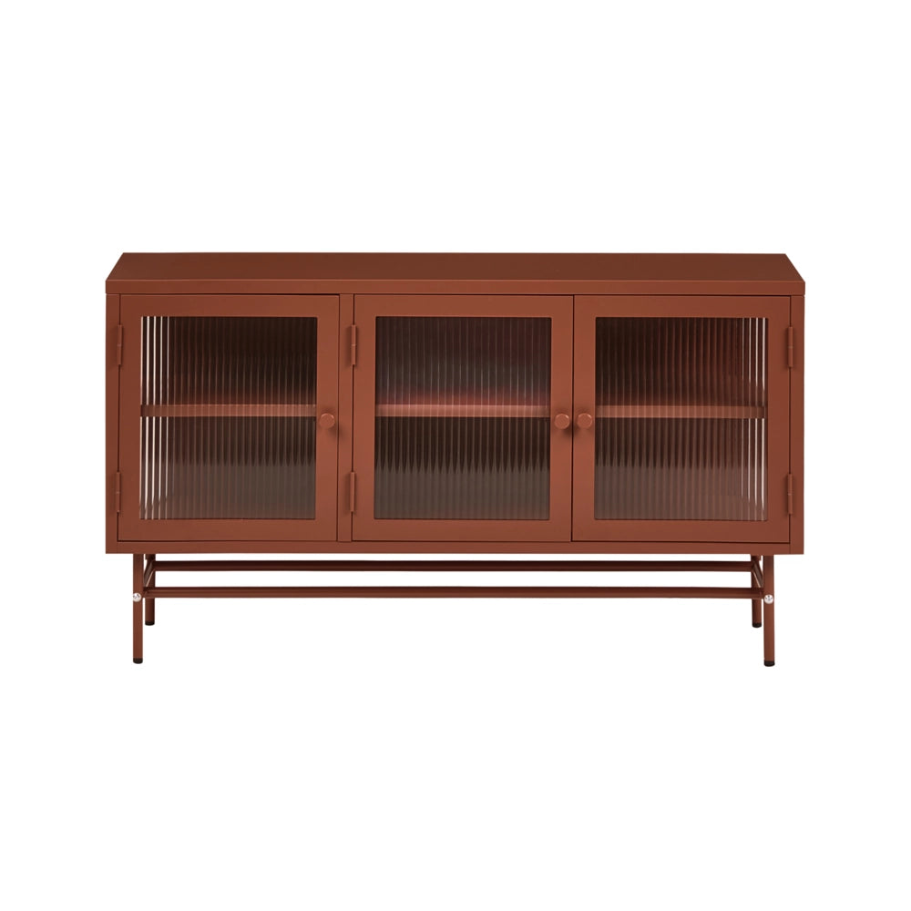 Credenza a 3 ante, acciaio color marrone dorato, vetro temperato scanalato, ripiani regolabili, coprigambe, mobili da soggiorno
