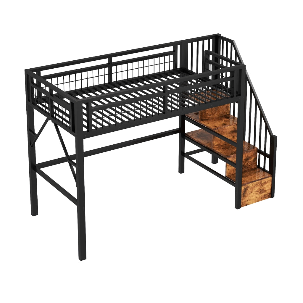 OKWISH Letto a Soppalco 90×200 cm, Letto Singolo con LED Regolabile, Scala con Contenitori e Spazio Libero, senza Materasso, in Metallo, Nero