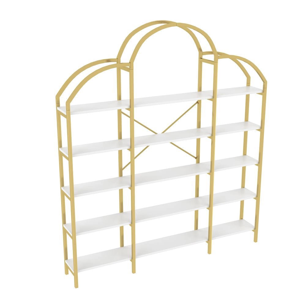 ??tag??re de style simple - Xylo - 170x25x190 cm - Dor?? + blanc - Tube acier MDF 5 niveaux forme nuage facile ?? monter