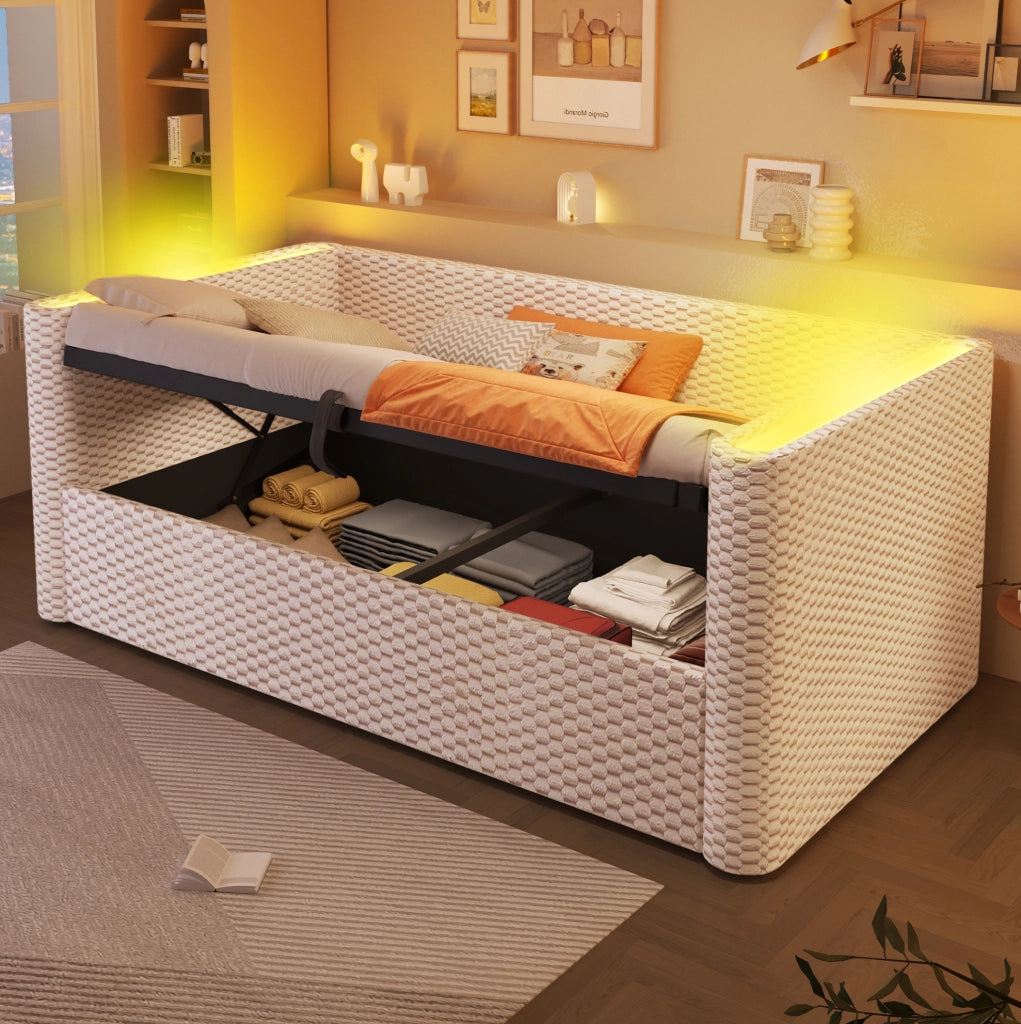 Divano letto 90x200 cm con contenitore idraulico e LED in velluto