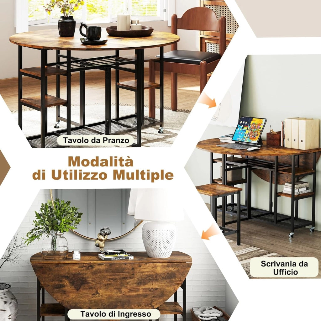 Set da Pranzo Pieghevole a 3 Pezzi, Tavolo da Cucina Rotondo con Ampio Piano e 2 Sgabelli, Scaffali e 6 Ruote Universali, Tavolo da Pranzo per Soggiorno, Sala da Pranzo e Cucina