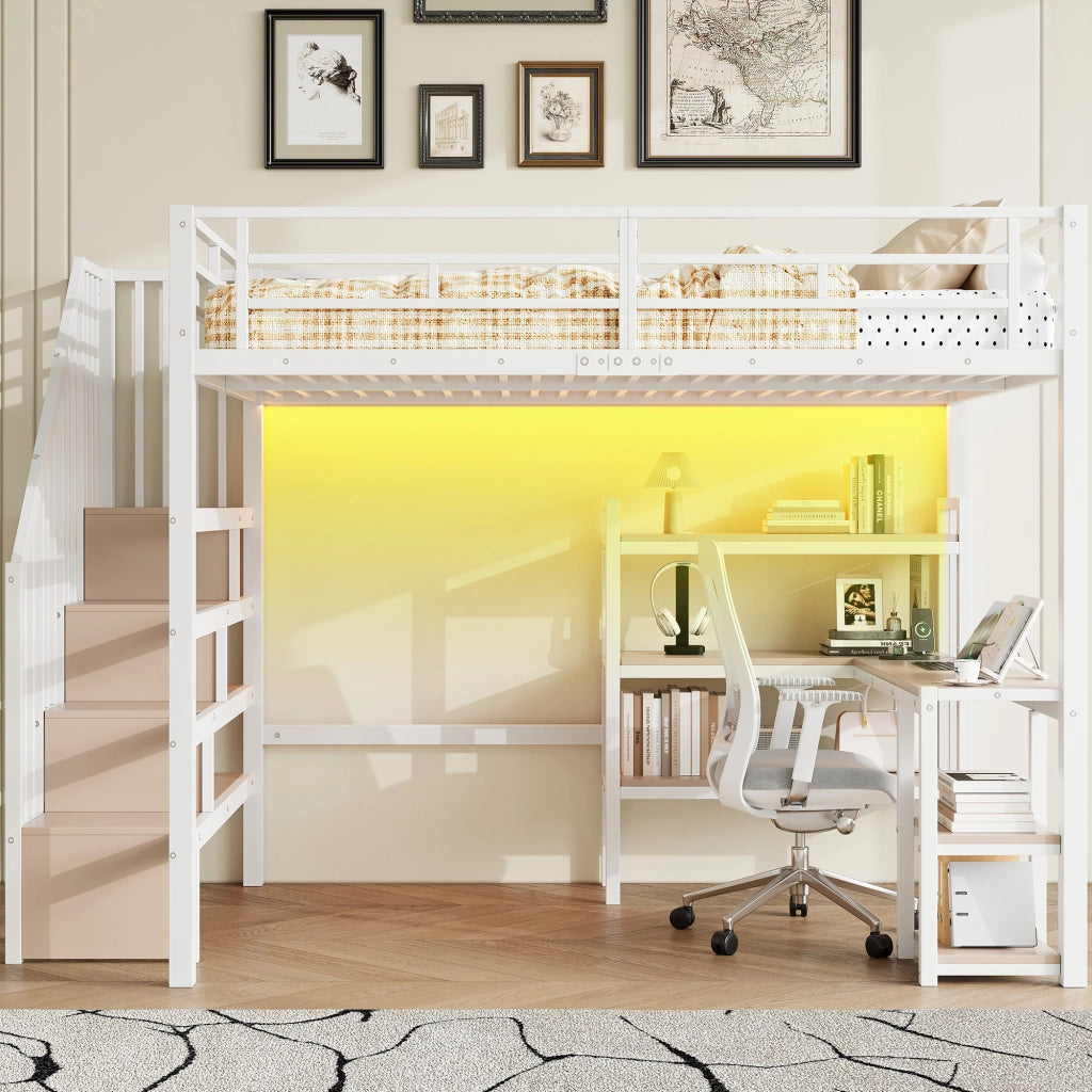 Letto a soppalco in metallo 140x200 cm con scrivania integrata; scale e LED; bianco