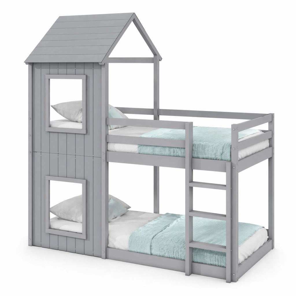 Letto a castello per bambini 90x200 cm in legno di pino, color grigio, con struttura a casetta e scaletta