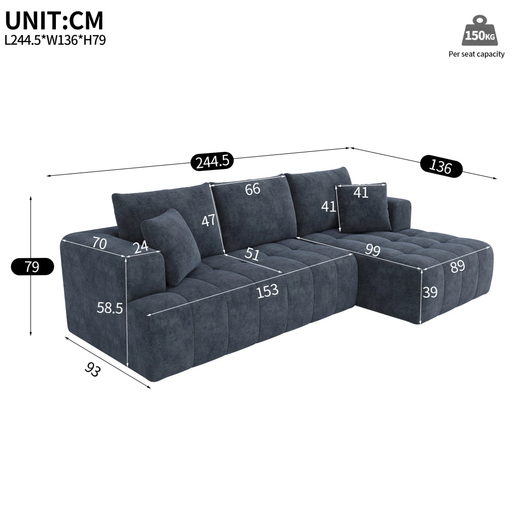Divano ad angolo modulare senza struttura con design basso e cuscini in chenille blu 244,5 × 136 × 79 cm