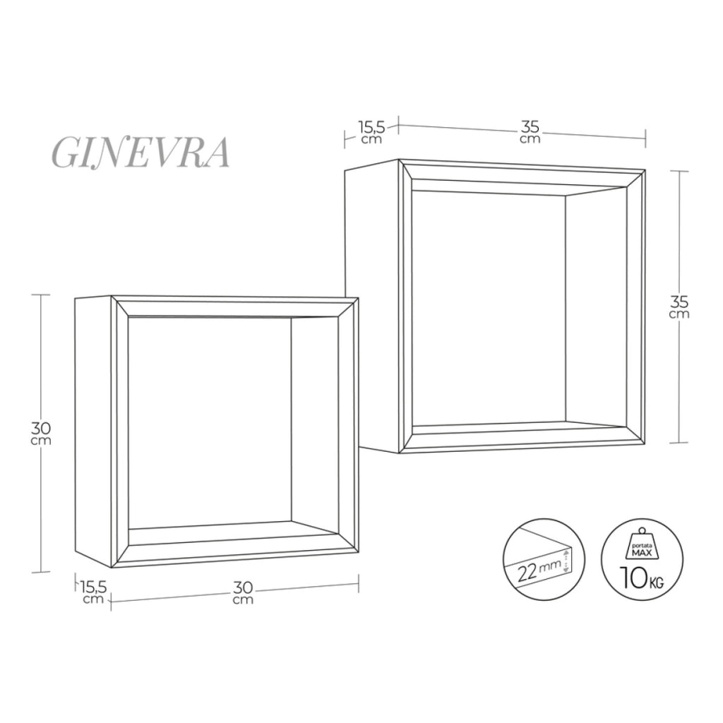Set di 2 Mensole da Muro Modello GINEVRA, Cubi Arredo, Mensole Cubo, Cubi da Parete, Cubi Portaoggetti. Misure 35x35 p15.5 cm, e 30x30 p15.5 cm. Finitura GRIGIO SASSO - MADE IN ITALY