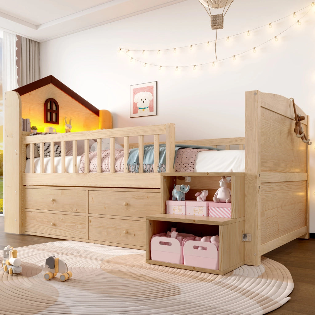Letto per bambini a casetta 90x200 cm con LED, 4 cassetti e scala contenitore