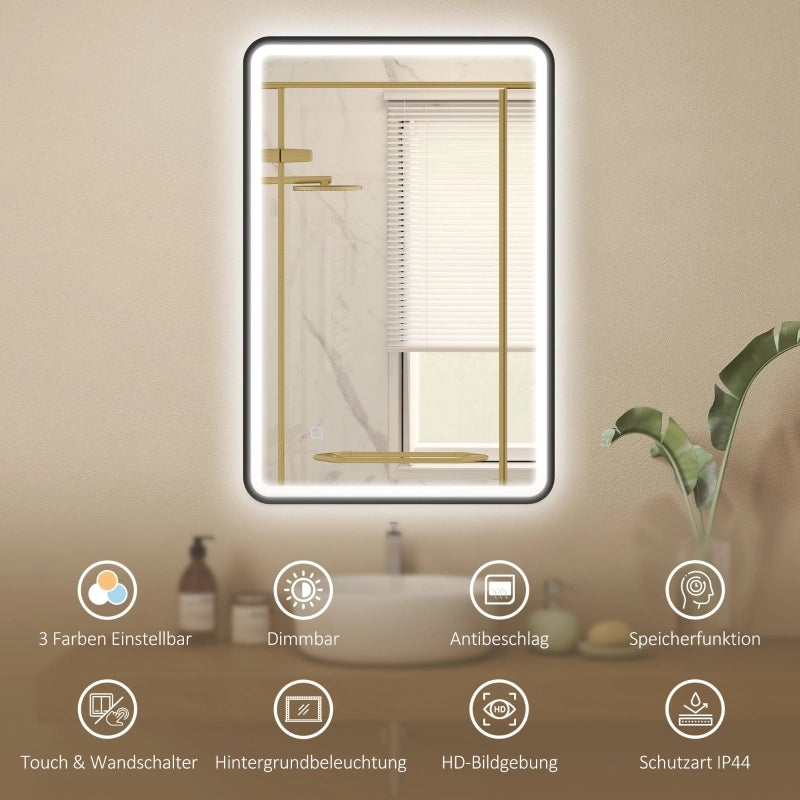 Specchio da bagno a LED 90 x 60 cm, luci, 3 colori, dimmerabile, funzione memoria, orientamento orizzontale e verticale, nero