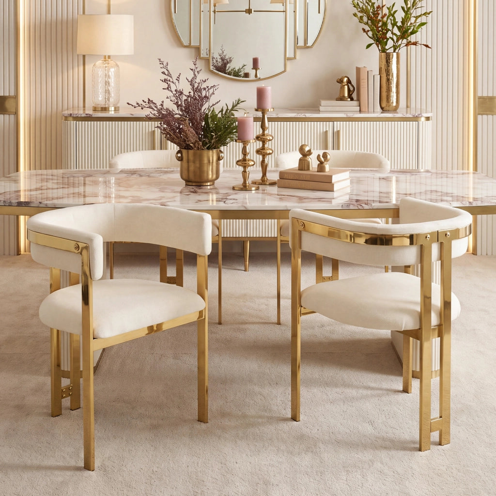 2 sedie da pranzo in chenille beige e oro, schienale semicircolare, struttura in metallo, set da 2