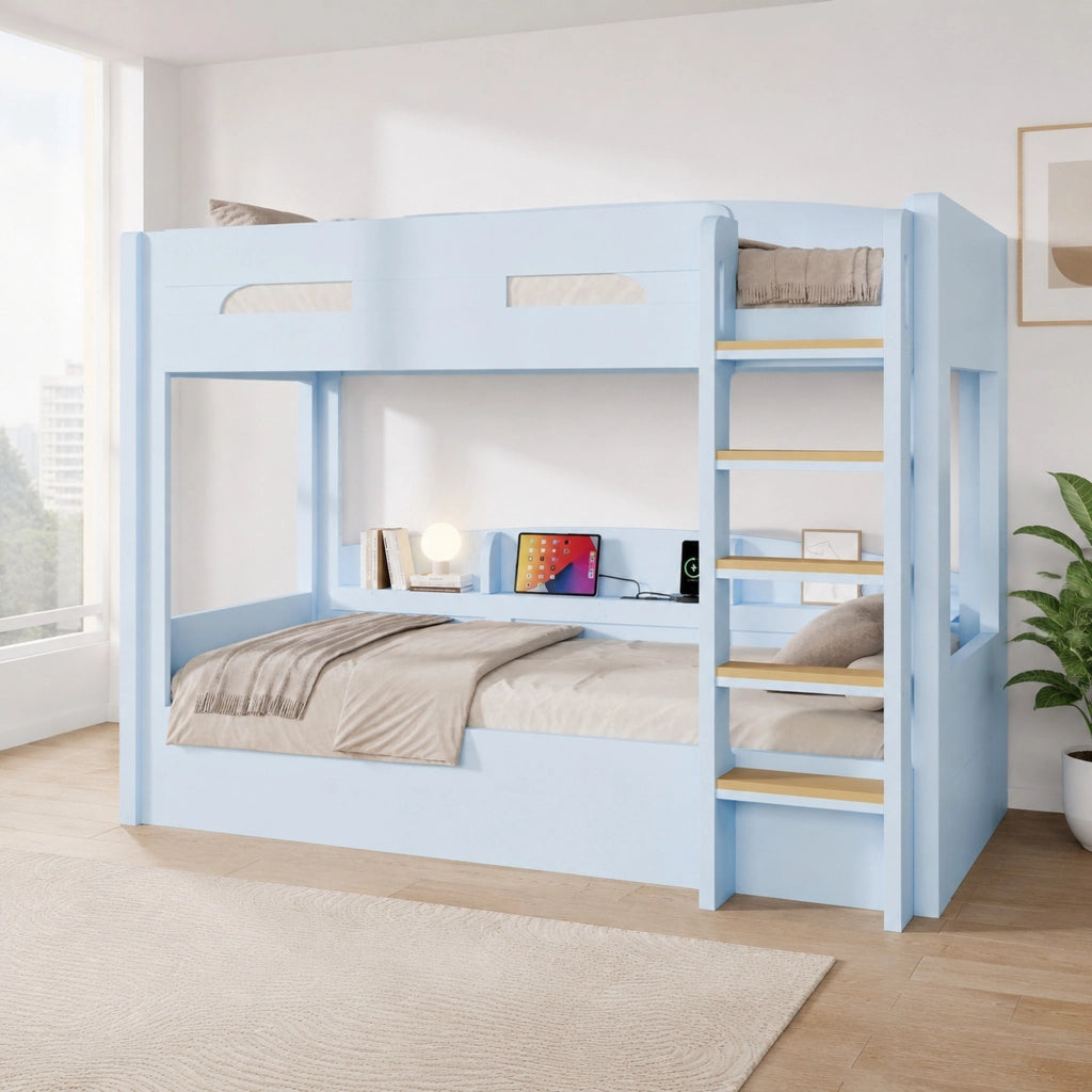 Letto a Soppalco 90x200 cm; Letto 2 Posti - USB e Mensole - in Legno Massello e MDF - Blu
