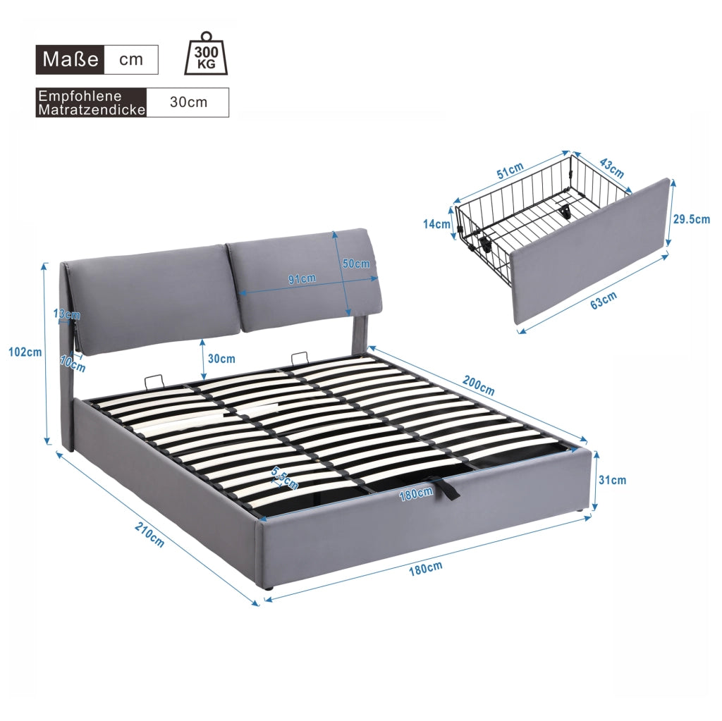 Letto imbottito 180x200 in velluto grigio con contenitore; 3 cassetti e testiera regolabile