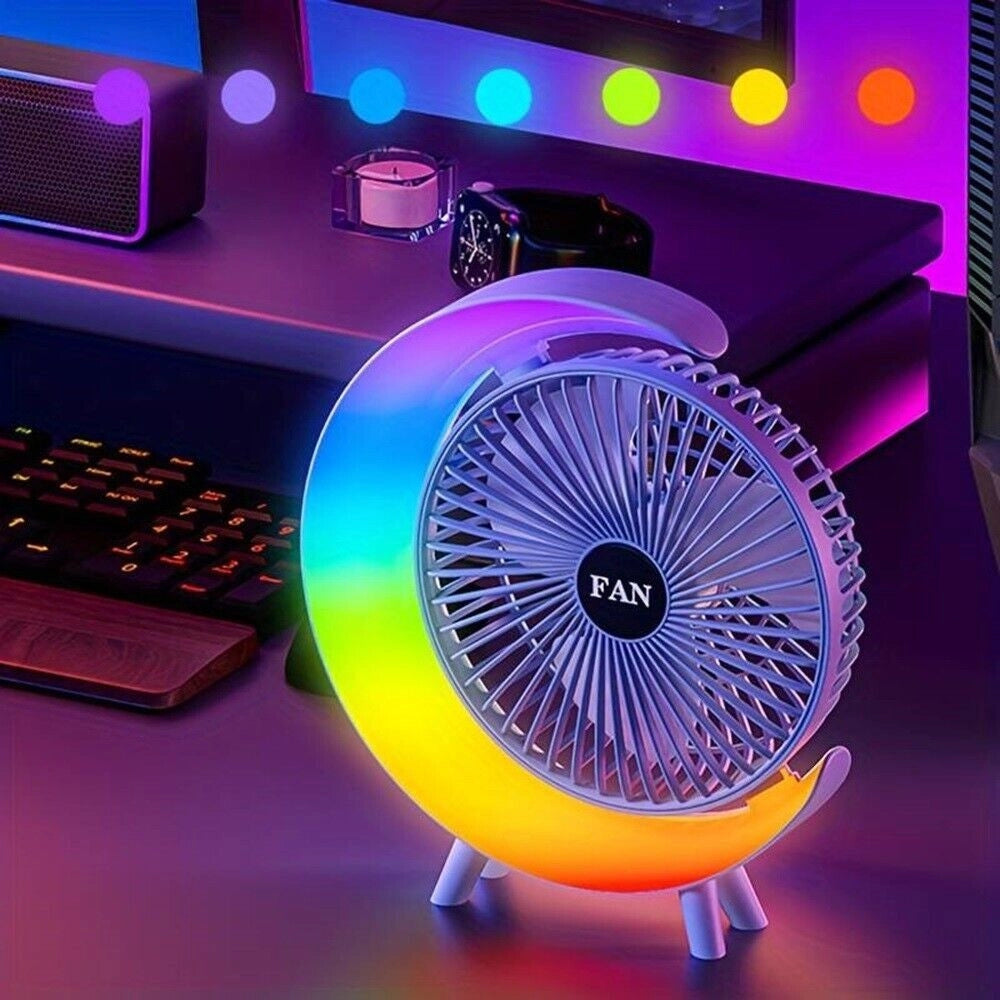 Trade Shop - Ventilatore Da Tavolo Usb 3 Velocita' Con Luce Rgb Compatto Silenzioso Portatile -