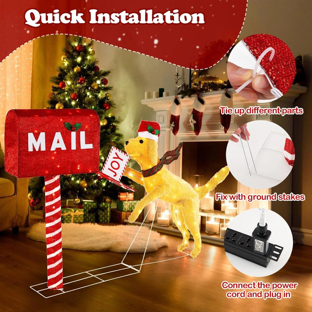 Decorazione natalizia, cassetta delle lettere con cane di Natale, 120 luci LED bianco caldo, telaio in metallo, picchetti, decorazione natalizia per interni ed esterni per giardino, soggiorno