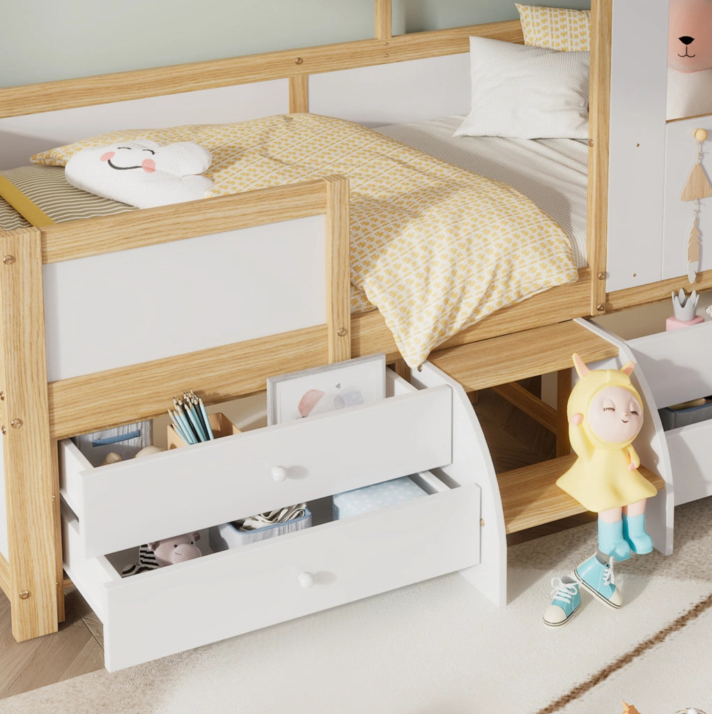 Letto per bambini a casetta semialto con 4 cassetti e scaletta 90x200 cm