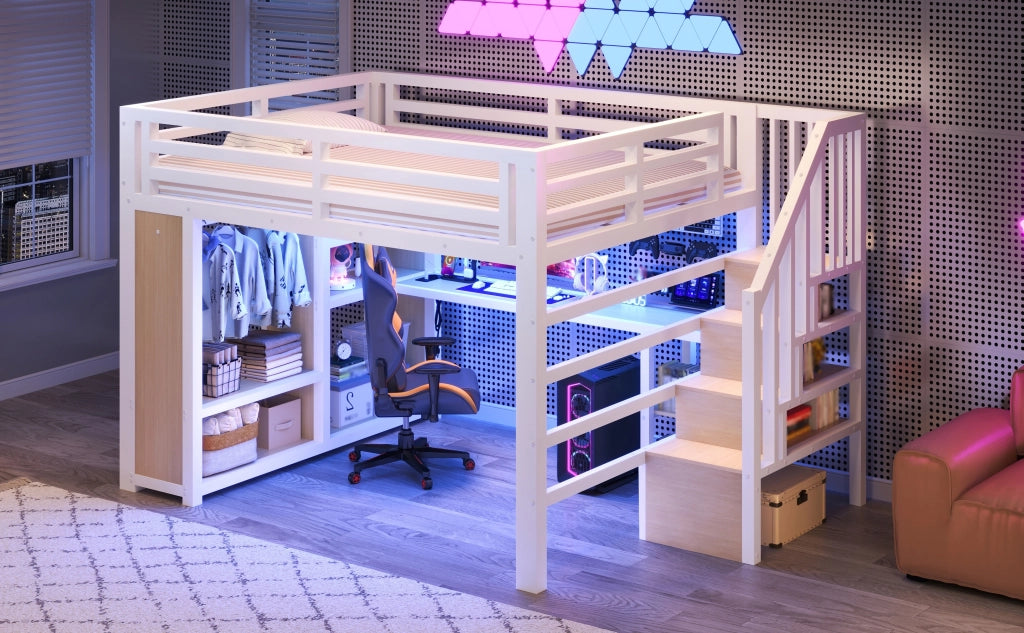 DESMIU Lit mezzanine 160 × 200 cm 2 posti con scrivania, vani, LED e scala, senza materasso, in metallo, bianco