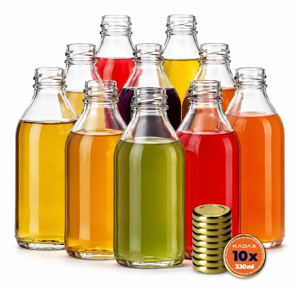 Bottiglia in vetro KADAX da 330 ml, bottiglie per vino, liquori, distillati clandestini, tappi Kubuś (10 pezzi).