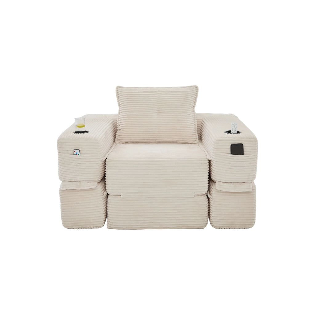 Divano letto modulare 2 posti - con tasche laterali e portabicchieri - in cord beige