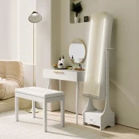 Tavolo Trucco con Specchio e 2 Cassetti per Accessori, in Legno, 80x40x123 cm, Bianco