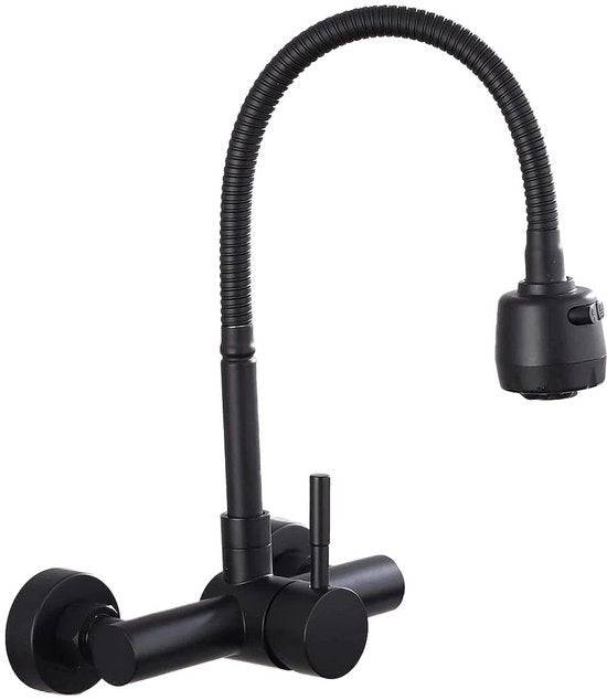 Faucetta per Wandmontaggio per Cucina Maniglia a Pignone per Cucina Cucina a Parete con Spout in Acciaio Inox 360° Rotativa, Nero