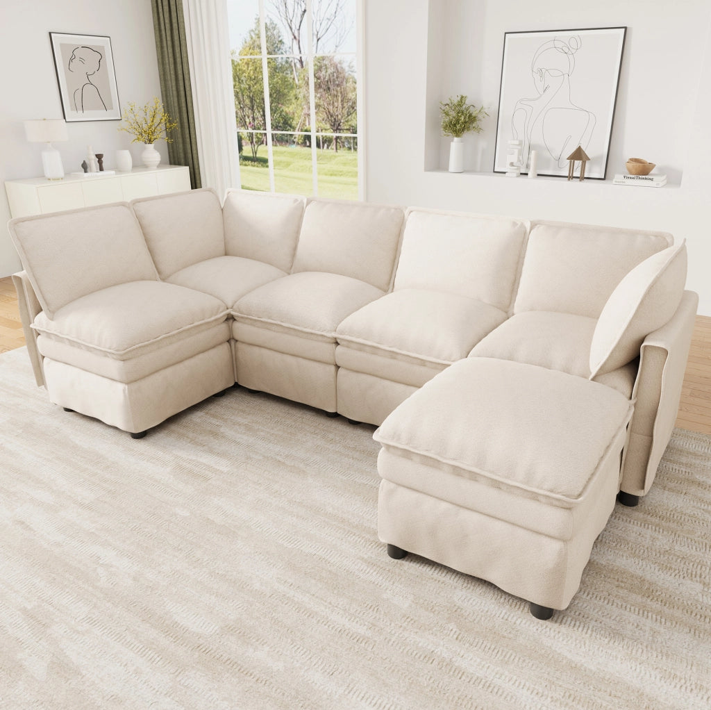 Divano modulare 6 posti in ciniglia beige con pouf