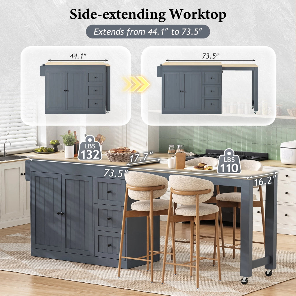 Carrello cucina con 3 cassetti; ripiani regolabili e piano estraibile per cucina e sala da pranzo