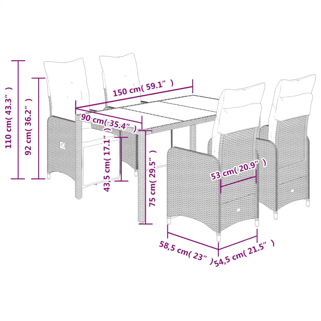 vidaXL Set Bistrò da Giardino 5 pz con Cuscini in Polyrattan Marrone