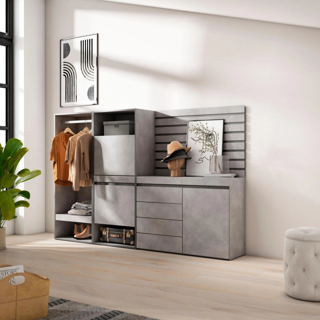 Scarpiera, 227x35x145cm, Camera da letto, Armadio Aperto, Cassettiera, Pannelli Decorativi, grigio cemento RF3521