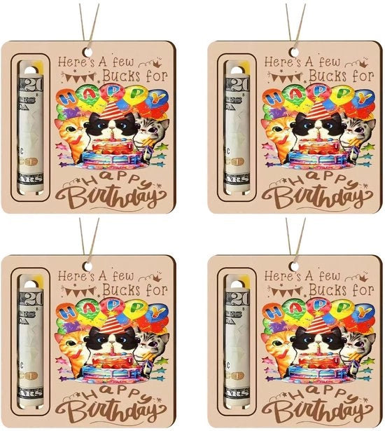 Carta di auguri in legno - 4 pezzi - Regalo creativo - Cadeau in denaro - Multicolore - 10 x 10 cm - Tema gatti - Cadeau in denaro
